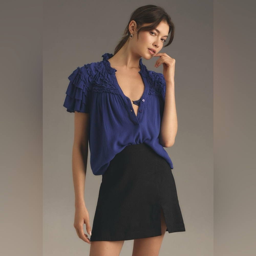 Anthropologie Maeve Short-Sleeve Ruffle Yoke Blouse - Cobalt Blue - Picture 3 of 6